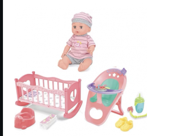 Muneca con cuna y silla de comer (hace pipi y toma tetero) incluye tetero y pampers